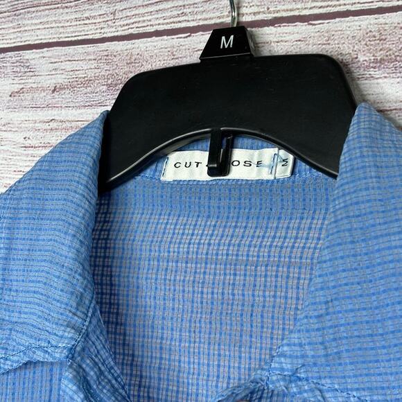 Cut Loose Semi Sheer Blue Crinkle Texture Button Up Long Sleeve Top Size Medium - Picture 6 of 6